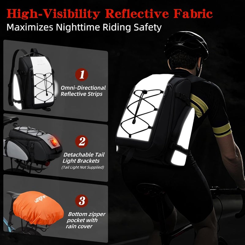 WINPRIM 19L Reflective Bike Rack Bag Water Resistant Cycling Pannier Saddle Shoulder Bag with Rain Cover 4-in-1 Versatile Bag Accessories for Travel Commuting Shopping Outdoor Cycling Night-Riding Fitness - Image 2